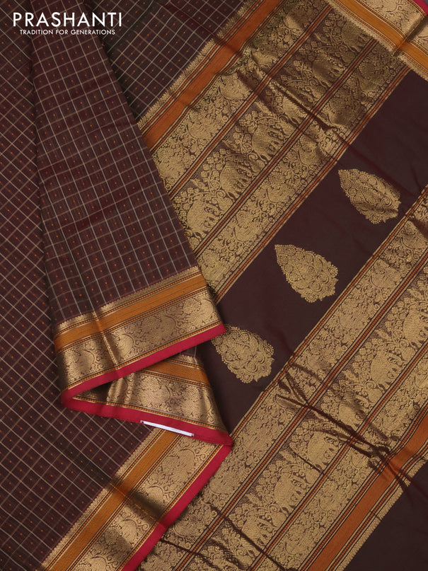 Kanchi cotton saree deep maroon and maroon with allover thread checks & buttas and thread woven border