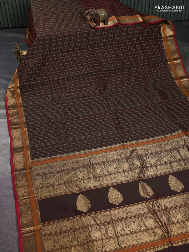 Kanchi cotton saree deep maroon and maroon with allover thread checks & buttas and thread woven border