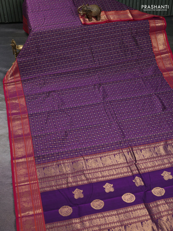 Kanchi cotton saree violet and pink with allover zari checks & buttas and zari woven border