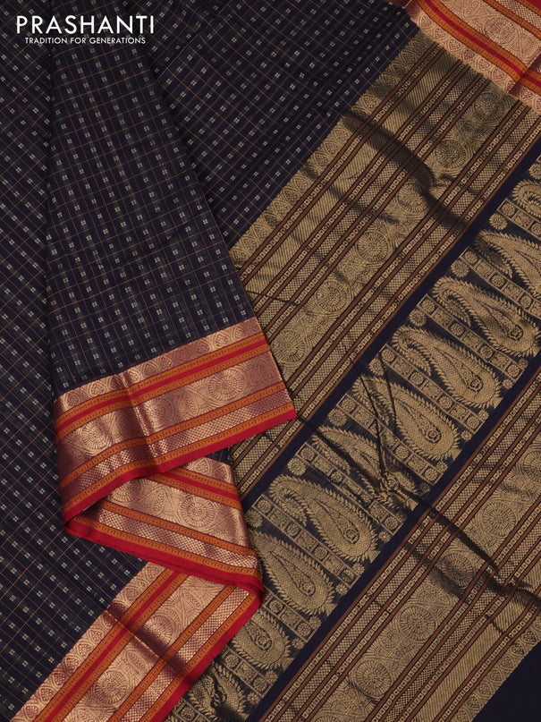 Kanchi cotton saree navy blue and maroon with allover thread checks & buttas and zari woven border