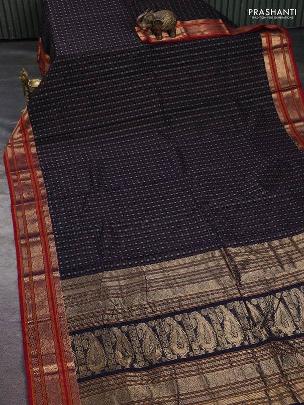 Kanchi cotton saree navy blue and maroon with allover thread checks & buttas and zari woven border