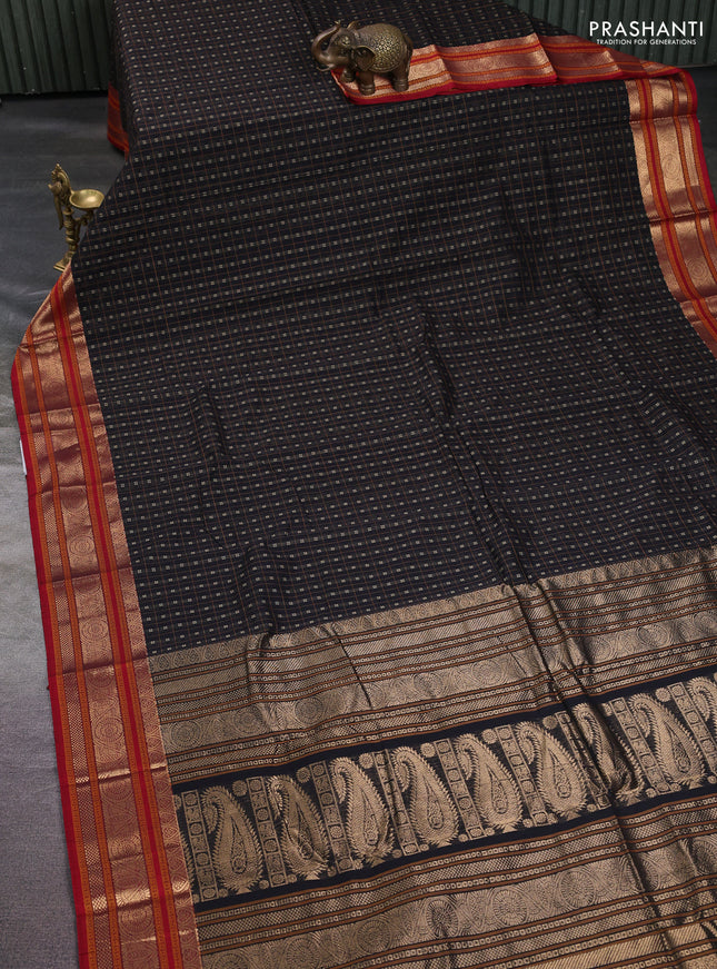 Kanchi cotton saree black and maroon with allover thread checks & buttas and zari woven border