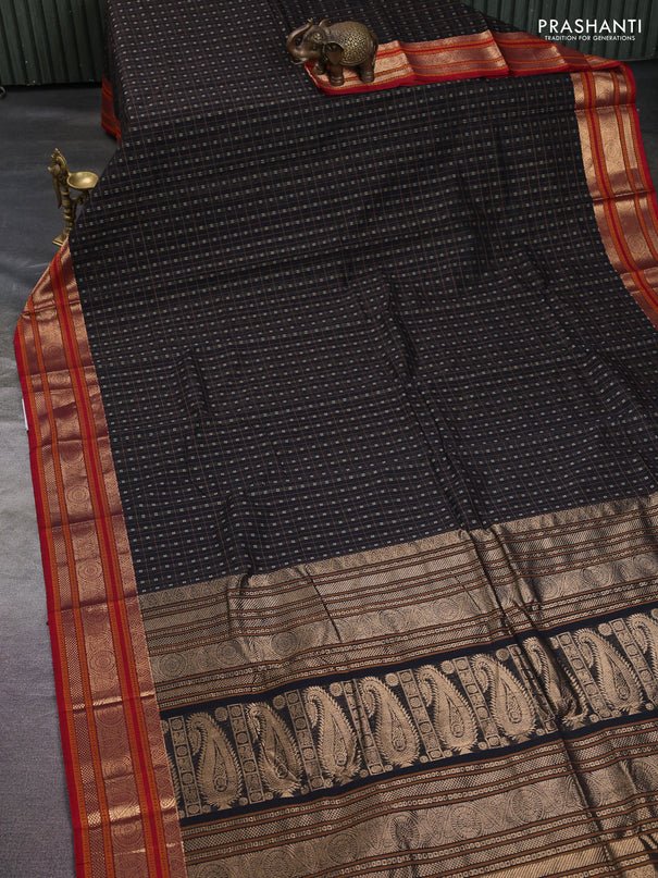 Kanchi cotton saree black and maroon with allover thread checks & buttas and zari woven border