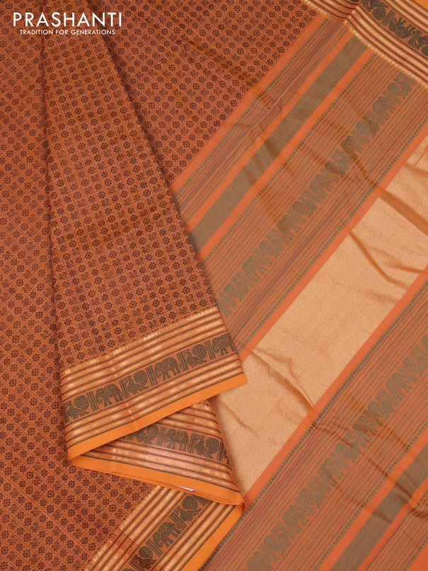 Kanchi cotton saree pale orange with allover thread checks & buttas and thread woven border