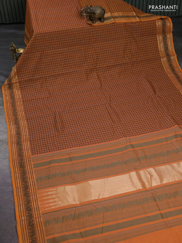 Kanchi cotton saree pale orange with allover thread checks & buttas and thread woven border