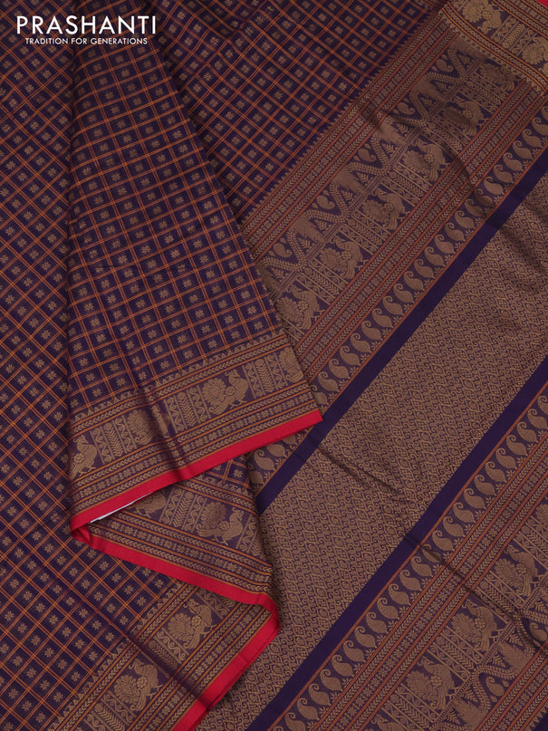 Kanchi cotton saree violet and maroon with allover thread checks & buttas and thread woven border