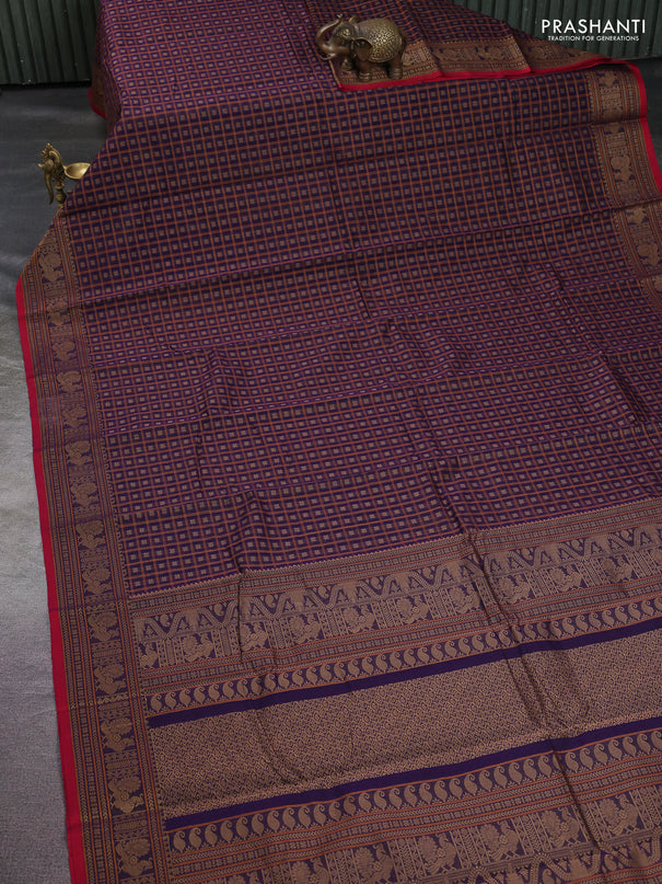 Kanchi cotton saree violet and maroon with allover thread checks & buttas and thread woven border