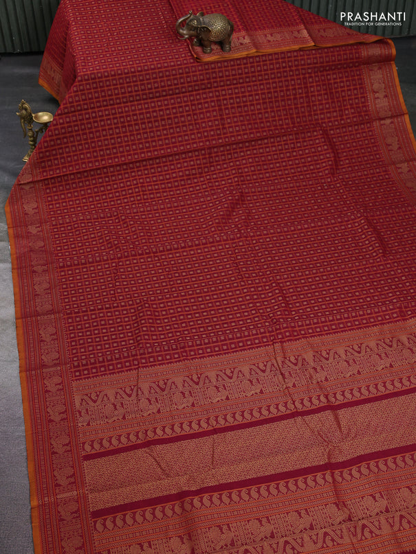 Kanchi cotton saree maroon and mustard yellow with allover thread checks & buttas and thread woven border