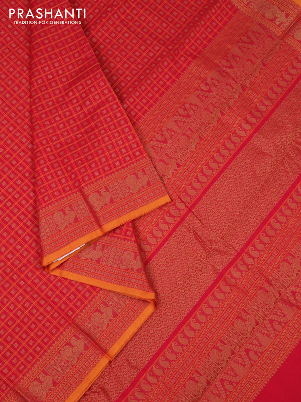 Kanchi cotton saree red and mustard yellow with allover thread checks & buttas and thread woven border