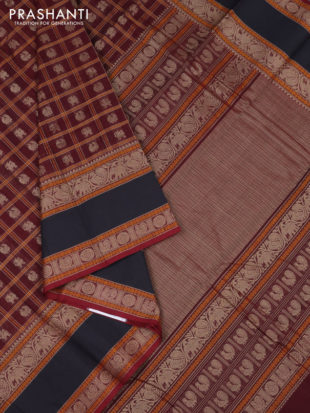 Kanchi cotton saree maroon and black with allover thread checks & buttas and rettapet thread woven border