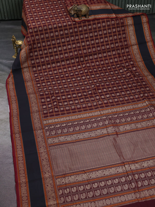 Kanchi cotton saree maroon and black with allover thread checks & buttas and rettapet thread woven border