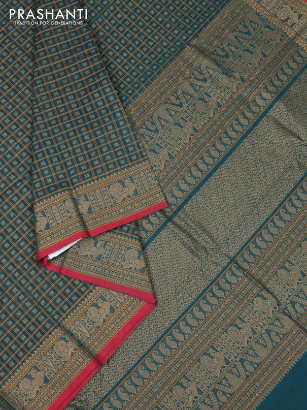 Kanchi cotton saree peacock green and maroon with allover thread checks & buttas and thread woven border