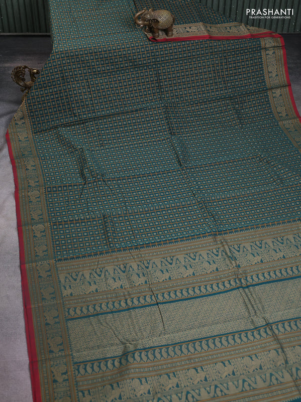 Kanchi cotton saree peacock green and maroon with allover thread checks & buttas and thread woven border