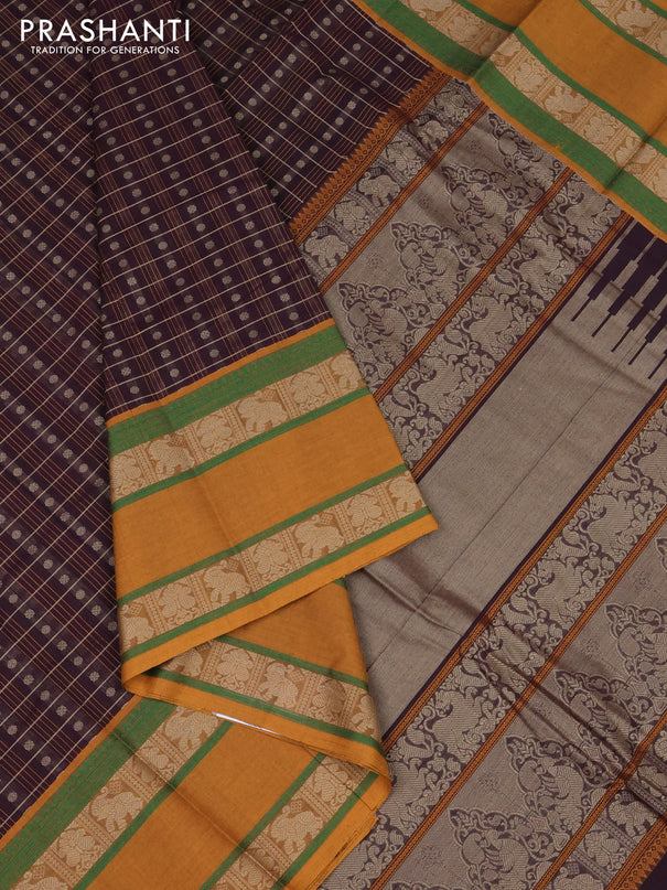 Kanchi cotton saree deep jamun and dark mustard with allover thread checks & buttas and rettapet thread woven border
