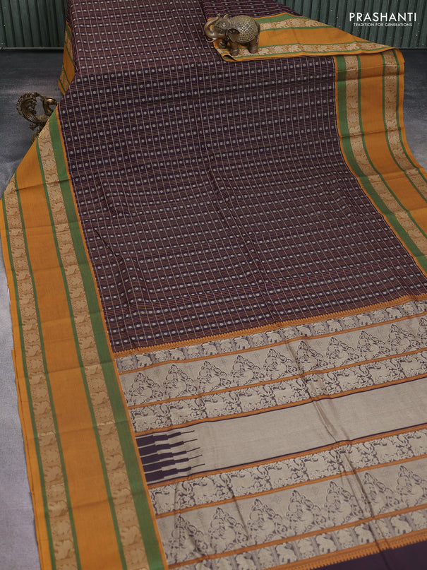 Kanchi cotton saree deep jamun and dark mustard with allover thread checks & buttas and rettapet thread woven border