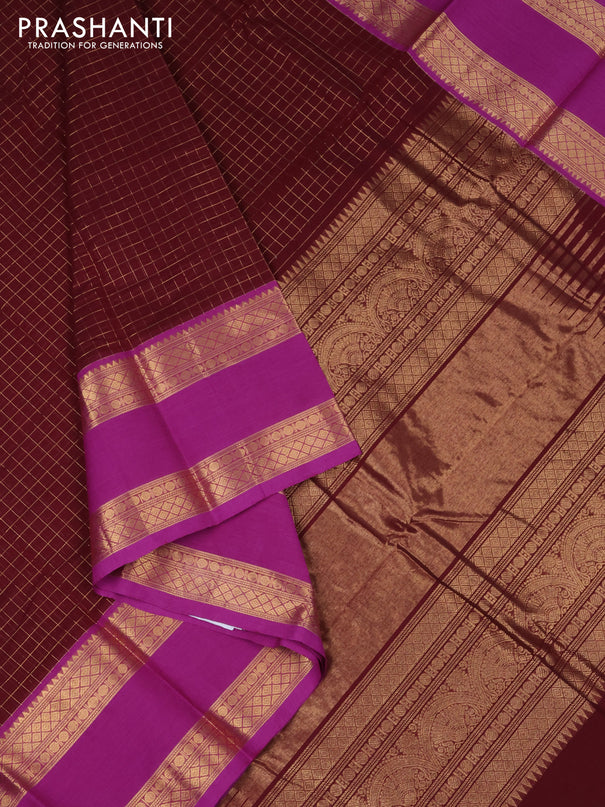 Kanchi cotton saree deep maroon and purple with allover zari checked pattern and rettapet zari woven border