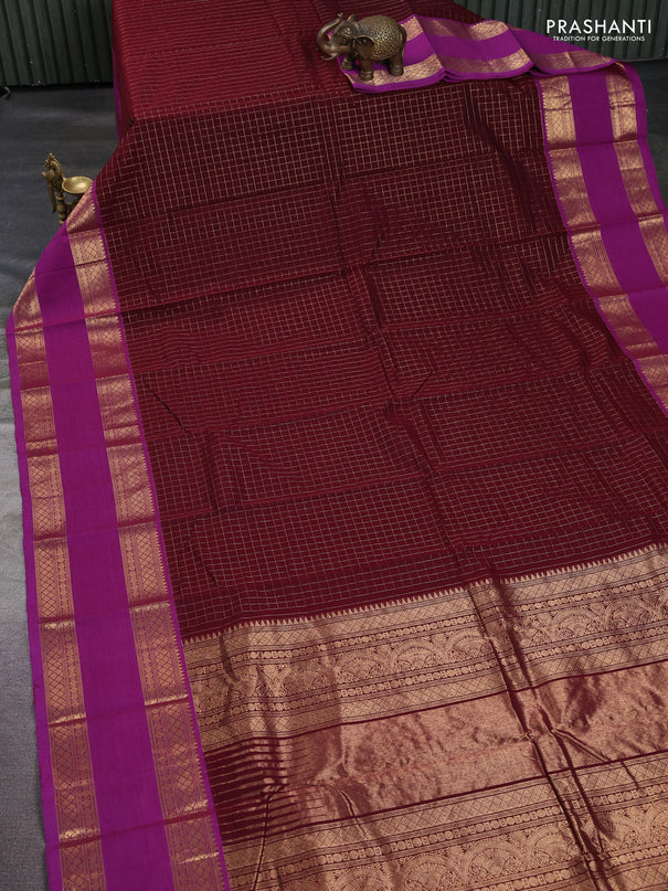 Kanchi cotton saree deep maroon and purple with allover zari checked pattern and rettapet zari woven border
