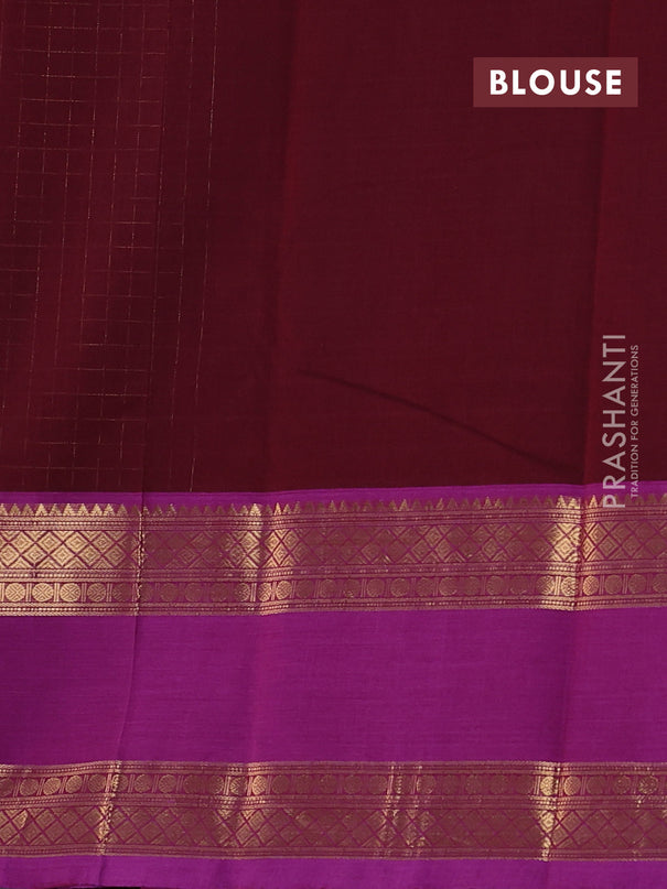 Kanchi cotton saree deep maroon and purple with allover zari checked pattern and rettapet zari woven border
