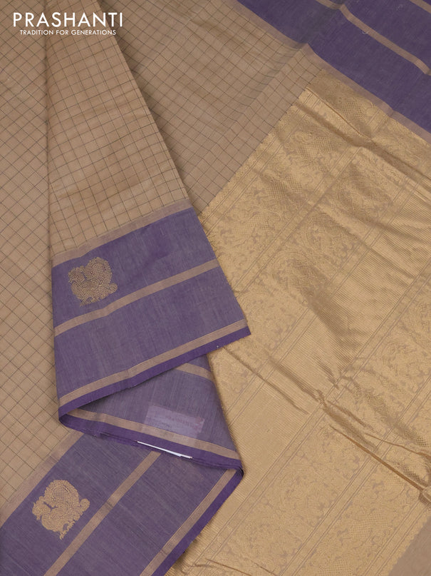 Kanchi cotton saree sandal and violet with allover checked pattern and long zari woven simple border