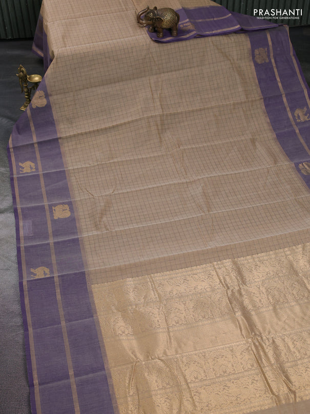 Kanchi cotton saree sandal and violet with allover checked pattern and long zari woven simple border