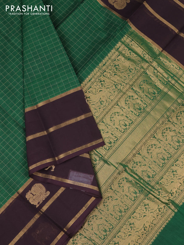Kanchi cotton saree green and deep jamun with allover checked pattern and long zari woven simple border