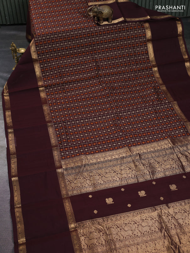 Kanchi cotton saree deep maroon with allover thread checks & buttas and rettapet zari woven border