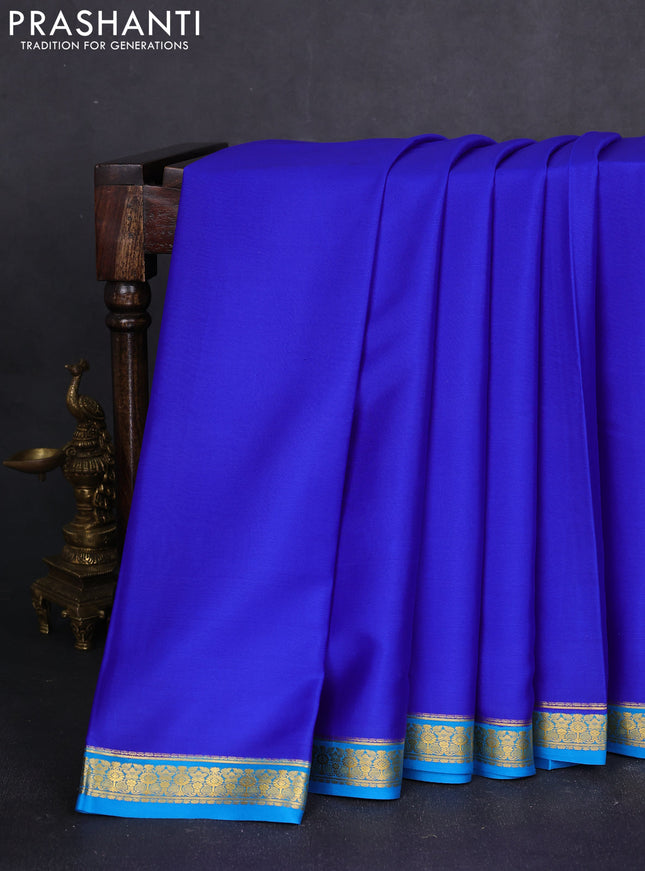 Pure mysore silk saree royal blue and teal blue with plain body and zari woven border