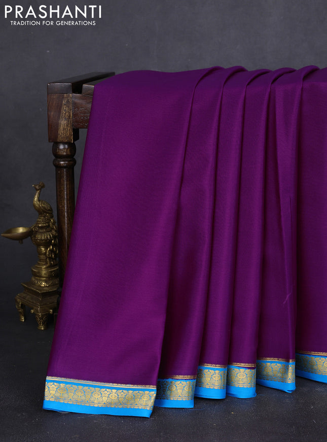 Pure mysore silk saree purple and teal blue with plain body and zari woven border