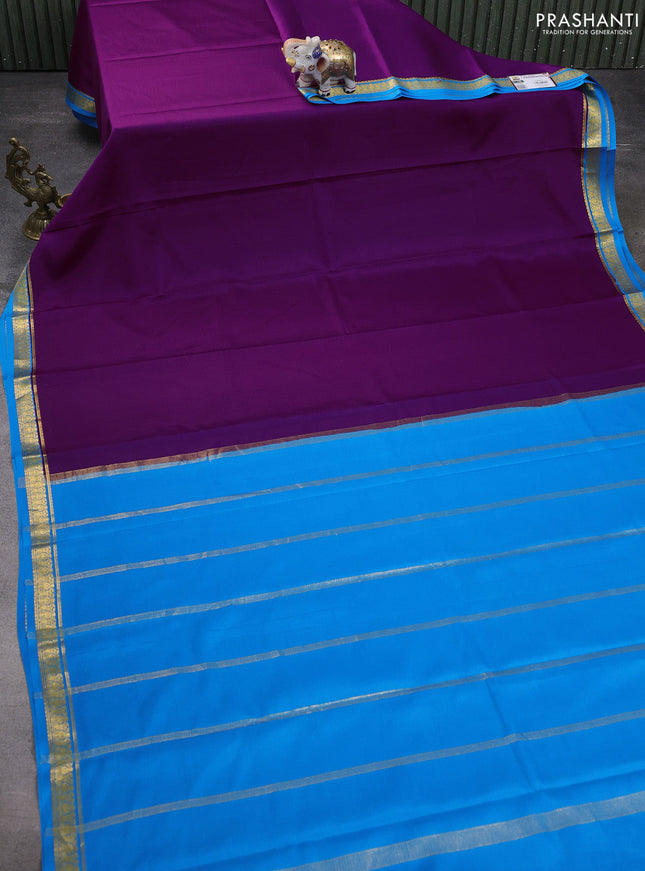 Pure mysore silk saree purple and teal blue with plain body and zari woven border
