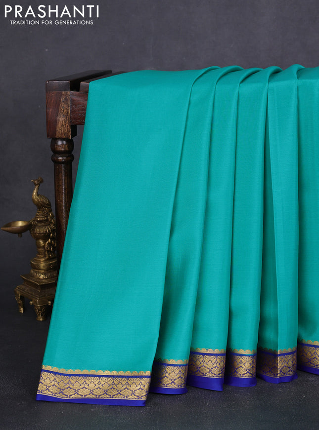 Pure mysore silk saree teal green and blue with plain body and zari woven border