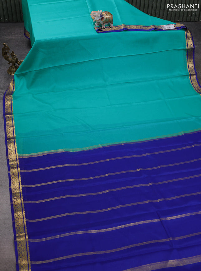 Pure mysore silk saree teal green and blue with plain body and zari woven border