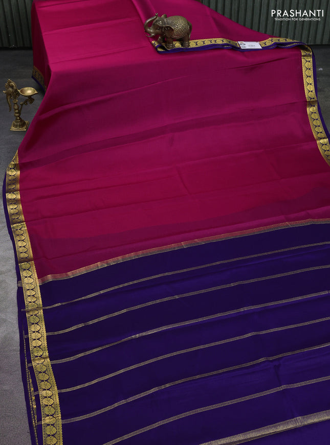 Pure mysore silk saree magenta pink and blue with plain body and zari woven border