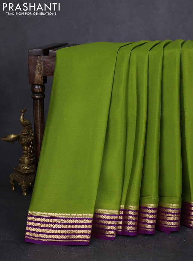 Pure mysore silk saree light green and purple with plain body and zari woven border
