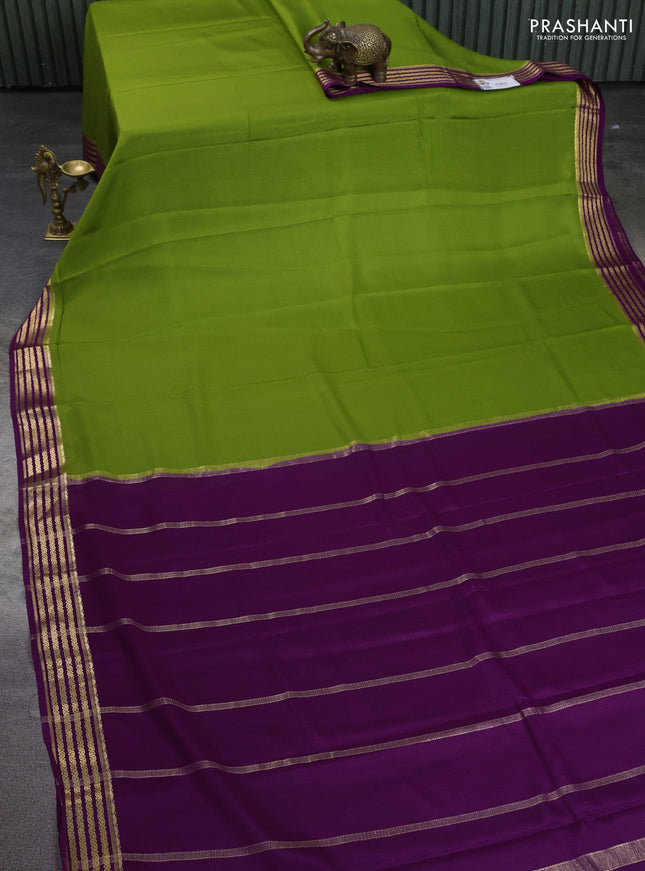 Pure mysore silk saree light green and purple with plain body and zari woven border