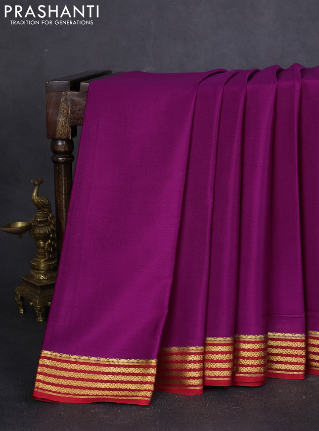 Pure mysore silk saree purple and red with plain body and zari woven border