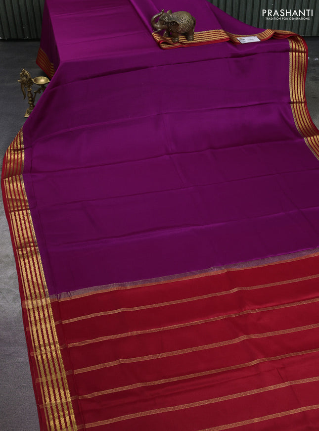 Pure mysore silk saree purple and red with plain body and zari woven border