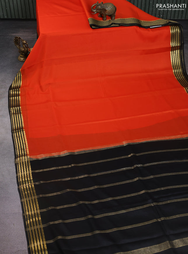 Pure mysore silk saree orange and black with plain body and zari woven border