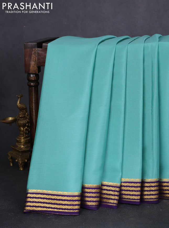 Pure mysore silk saree pastel green and violet with plain body and zari woven border
