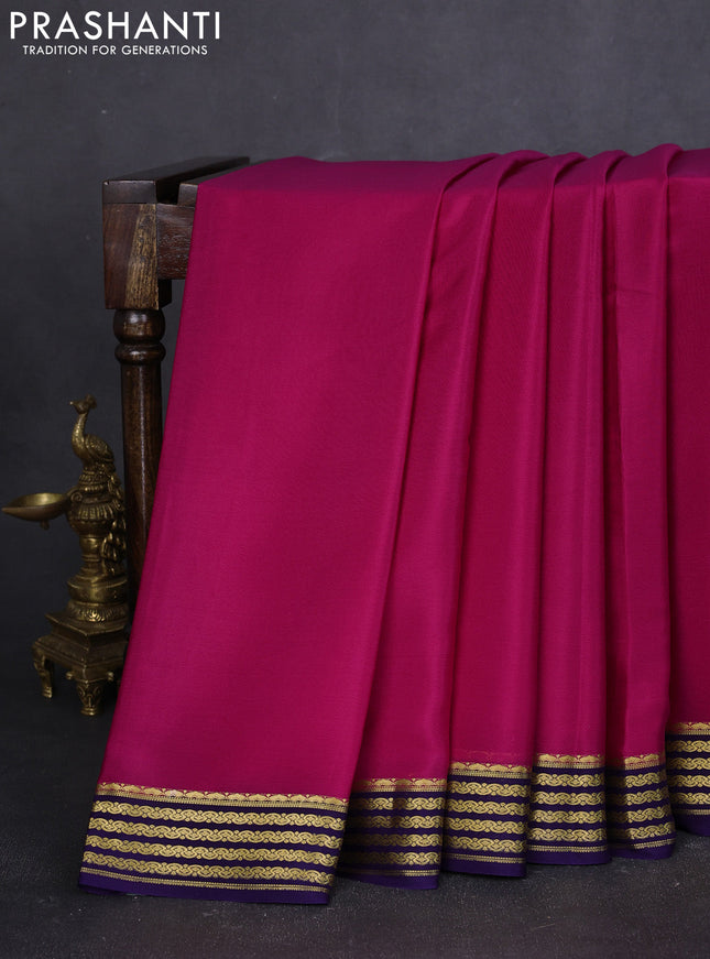 Pure mysore silk saree magenta pink and violet with plain body and zari woven border