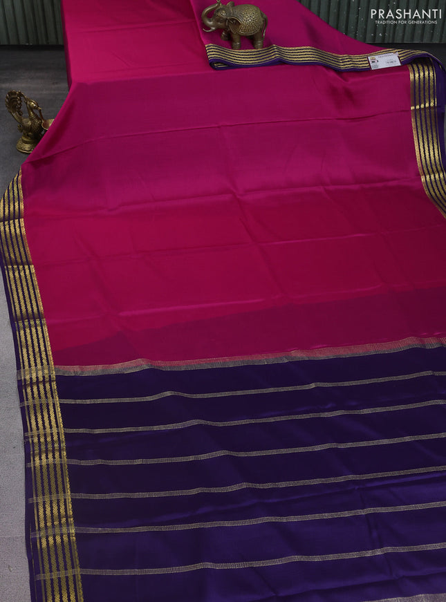 Pure mysore silk saree magenta pink and violet with plain body and zari woven border