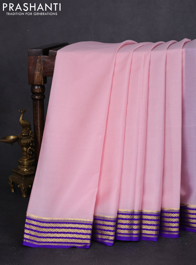 Pure mysore silk saree light pink and violet with plain body and zari woven border