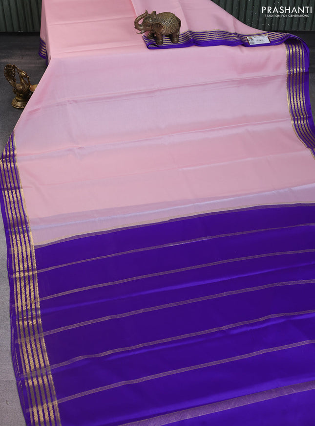 Pure mysore silk saree light pink and violet with plain body and zari woven border