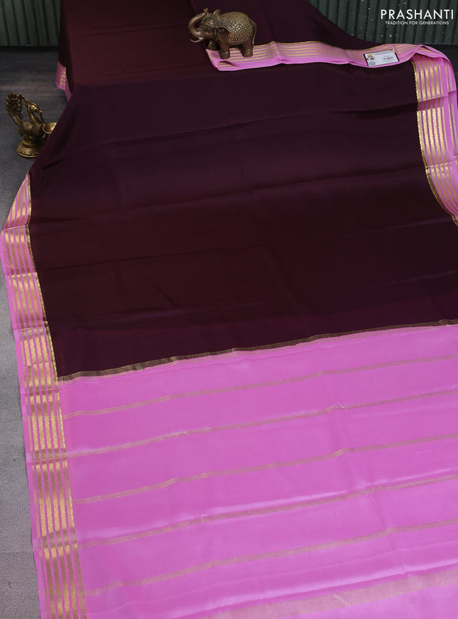 Pure mysore silk saree coffee brown and light pink with plain body and zari woven border