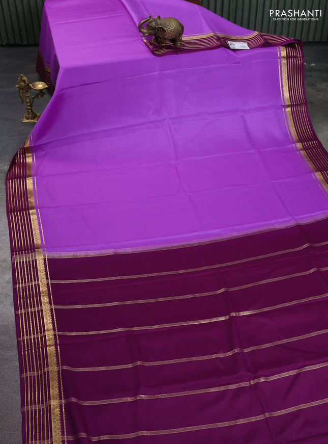 Pure mysore silk saree lavender and purple with plain body and zari woven border