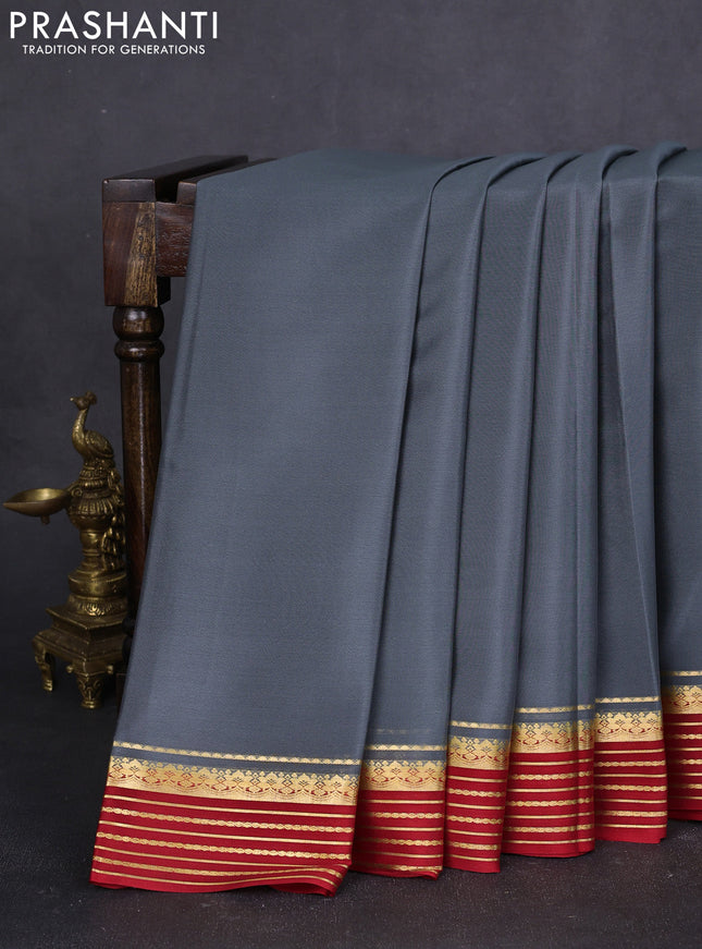 Pure mysore silk saree grey and red with plain body and zari woven border