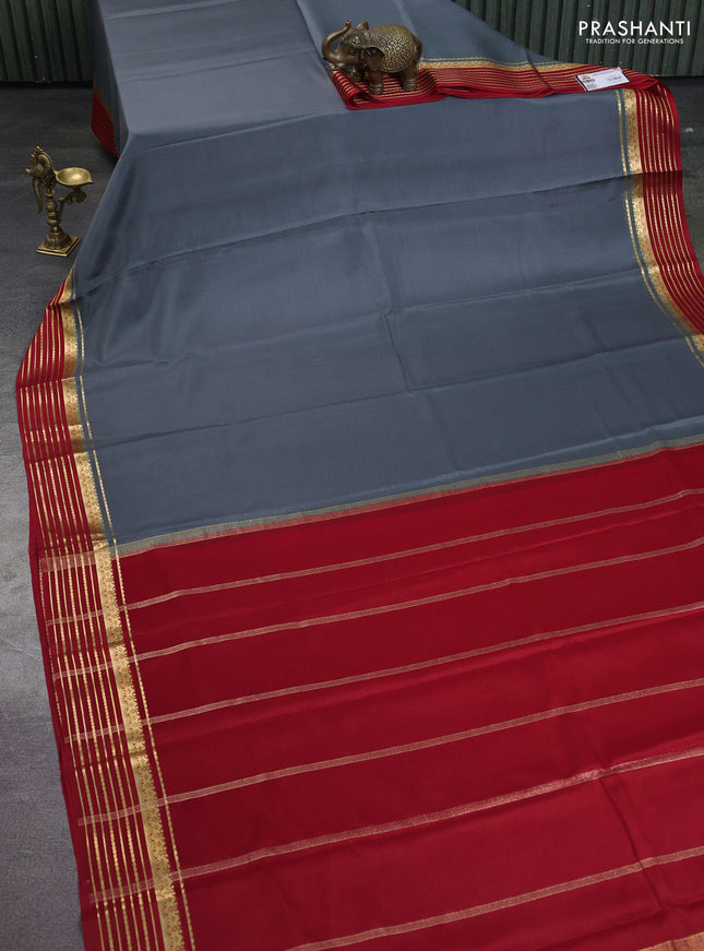 Pure mysore silk saree grey and red with plain body and zari woven border