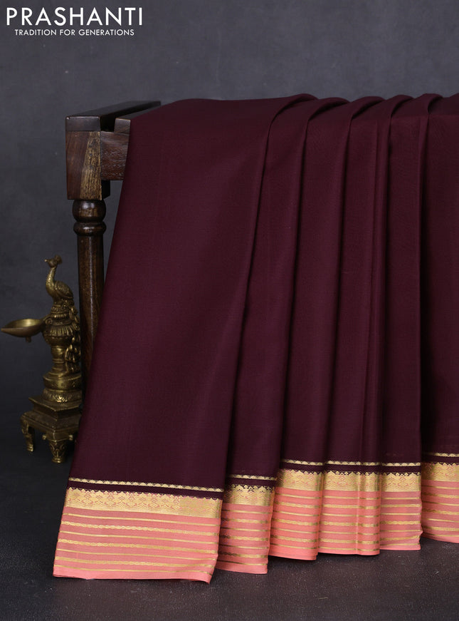 Pure mysore silk saree coffee brown and pale orange with plain body and zari woven border