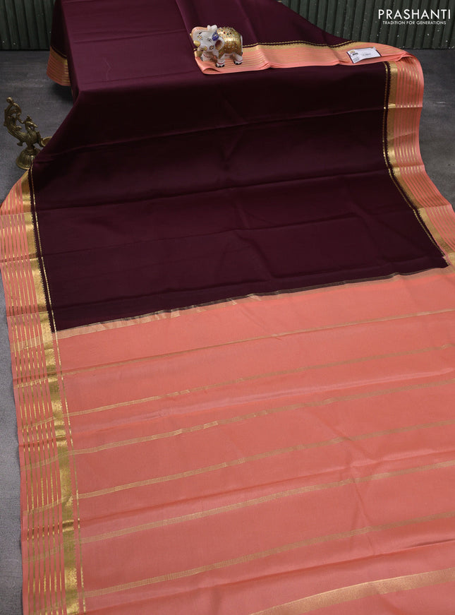 Pure mysore silk saree coffee brown and pale orange with plain body and zari woven border