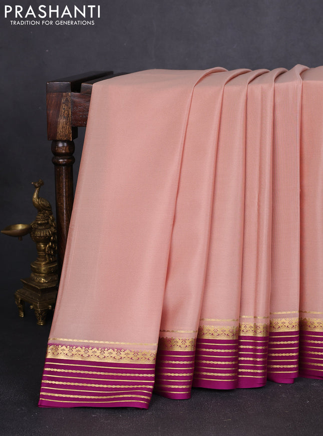 Pure mysore silk saree sandal and magenta pink with plain body and zari woven border