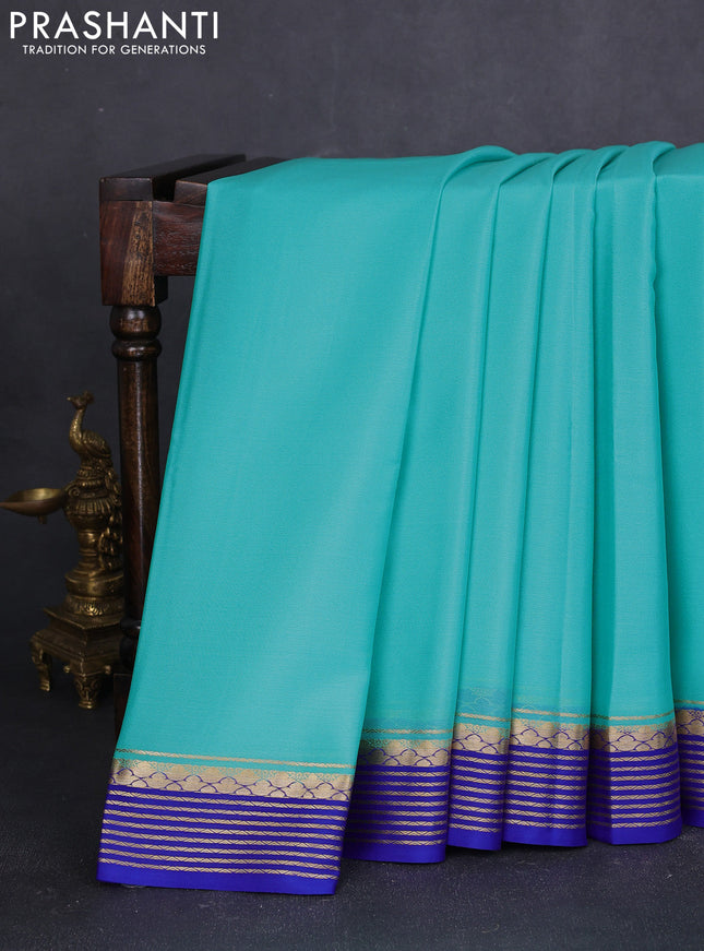 Pure mysore silk saree teal blue and blue with plain body and zari woven border